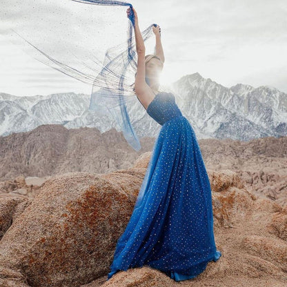 Glitter Tulle Long Spaghetti Straps Sweetheart Evening Gowns Formal Party Dress With Ribbons