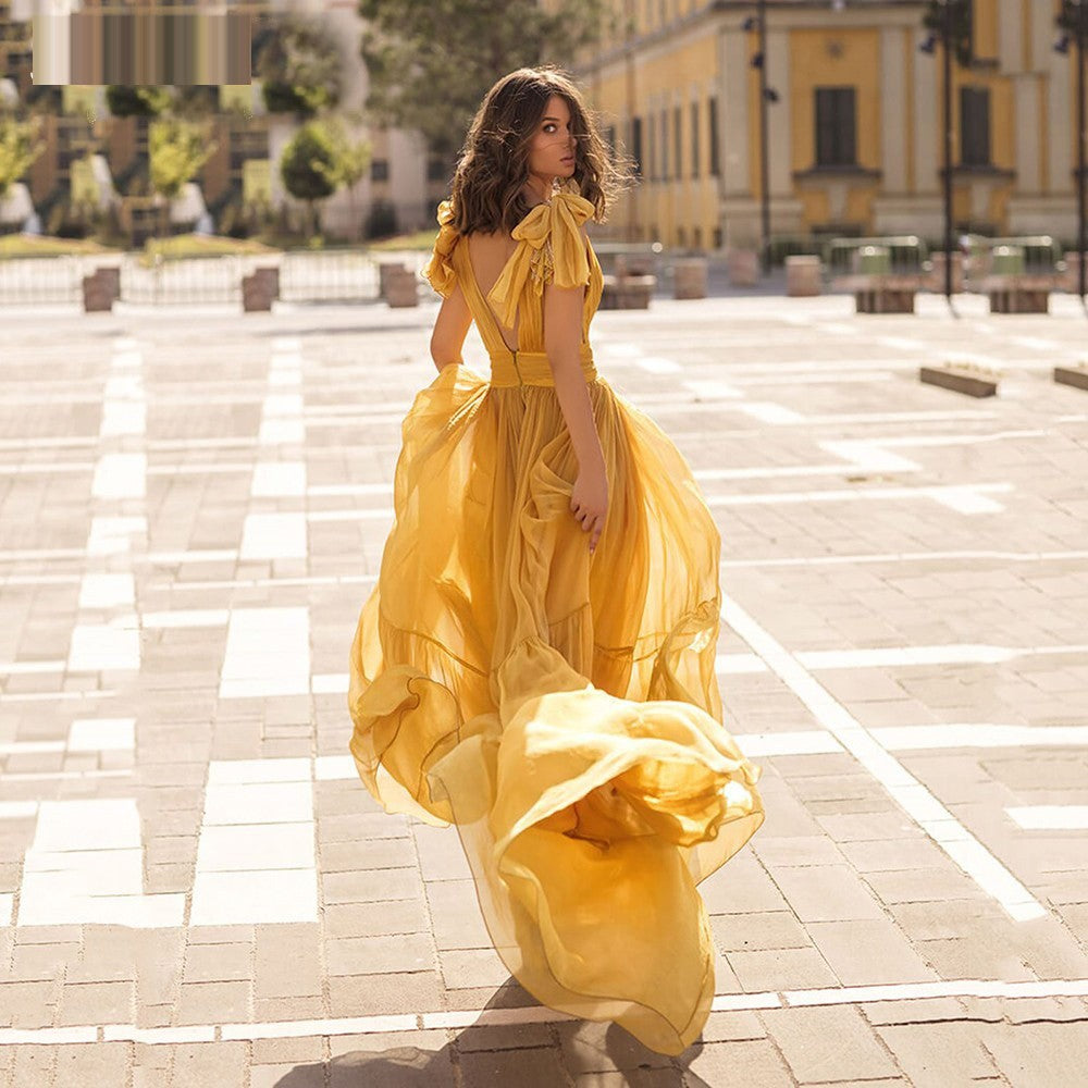 Yellow Chiffon Long Deep V-Neck Backless Floor Length Prom Gown