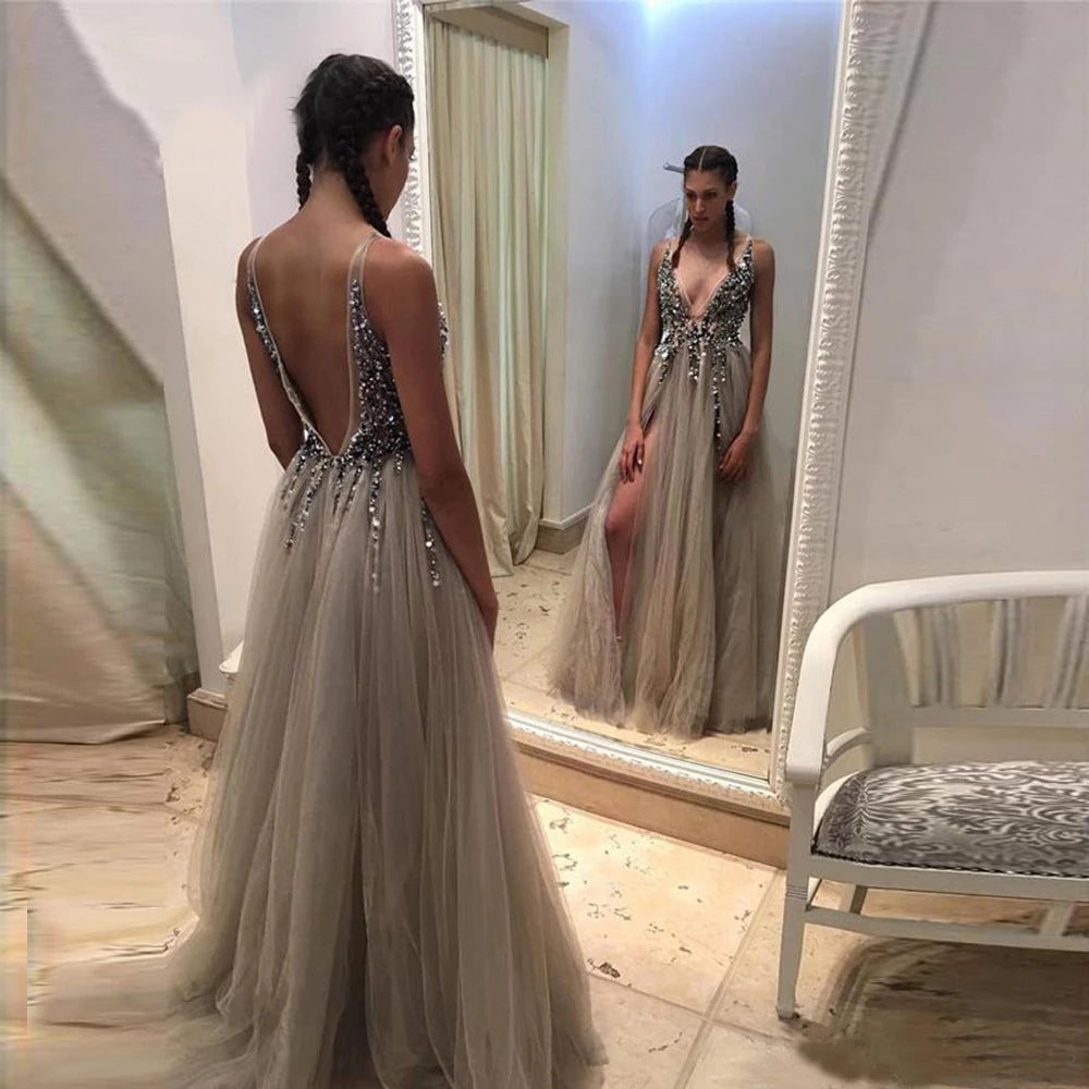 Beading V Neck Light Gray High Split Tulle Sweep Train Sleeveless A-Line Backless Evening Dress