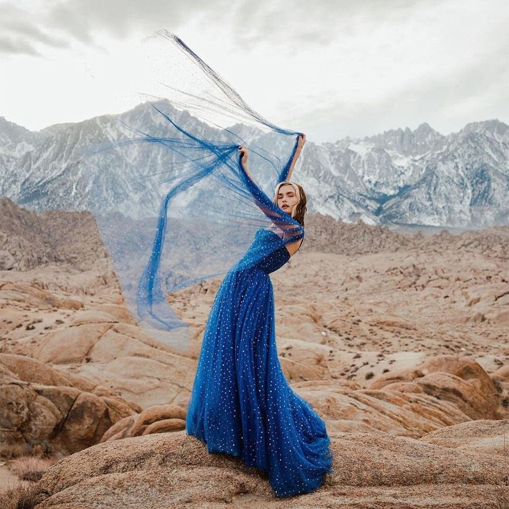 Glitter Tulle Long Spaghetti Straps Sweetheart Evening Gowns Formal Party Dress With Ribbons