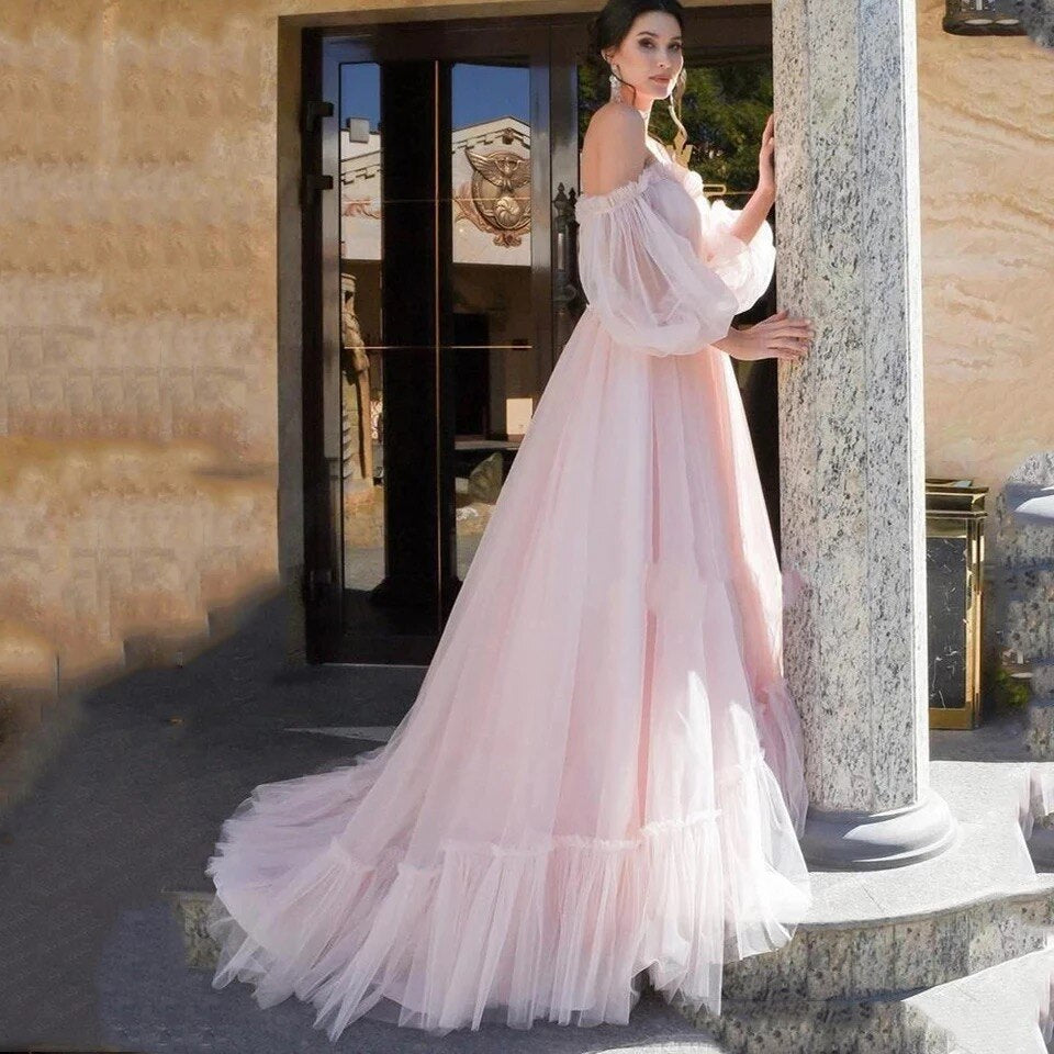 Puff Sleeves Off The Shoulder Pink Prom Dresses Appliques Tulle Evening Gowns