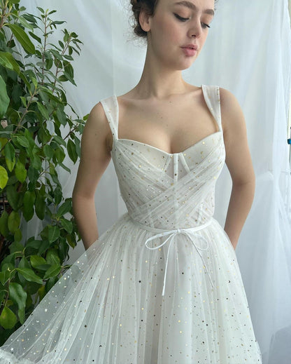 Sparkly Starry Tulle Prom Dress | Sweetheart Tea-Length A-Line Tiered Wedding Party Dress with Pockets
