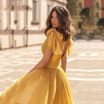 Yellow Chiffon Long Deep V-Neck Backless Floor Length Prom Gown