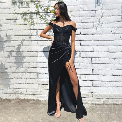 Side Leg Slit Off the Shoulder Long Floral Lace & Satin Cocktail Dress