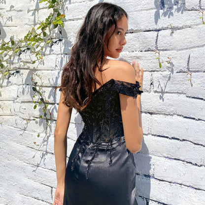 Side Leg Slit Off the Shoulder Long Floral Lace & Satin Cocktail Dress