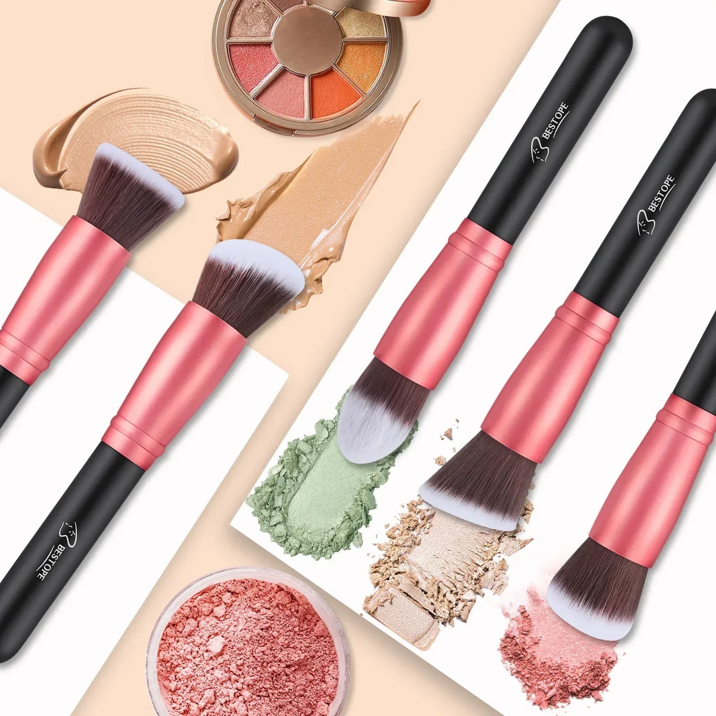 Makeup Brush Set featuring pink and black handles, ideal for applying foundation and blush.