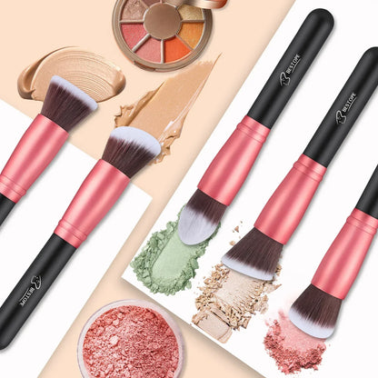 Makeup Brush Set featuring pink and black handles, ideal for applying foundation and blush.