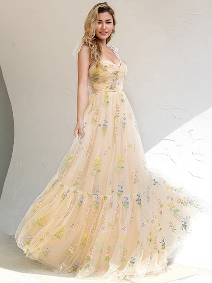 Flower Applique Homecoming Party Dresses Tulle Floral Pleats Backless Scoop with Bow Strap