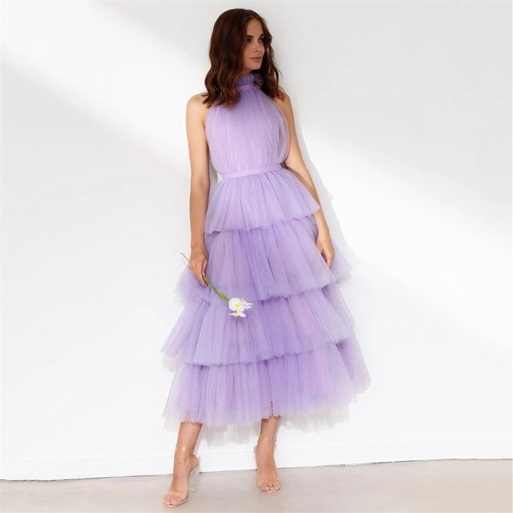 Blue Tulle Tea Length Backless Cocktail Party Dress 2023