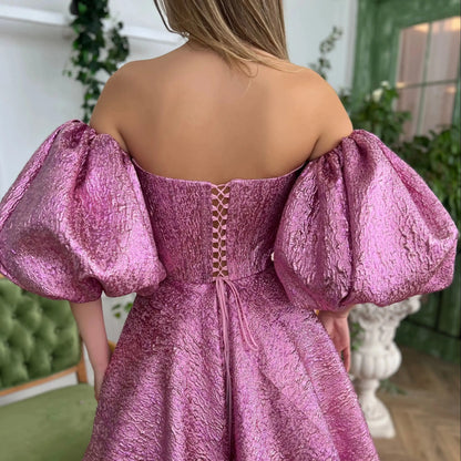 Puffy Sleeves Shiny Lace High Side Slit Evening Dress