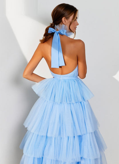 Blue Tulle Tea Length Backless Cocktail Party Dress 2023