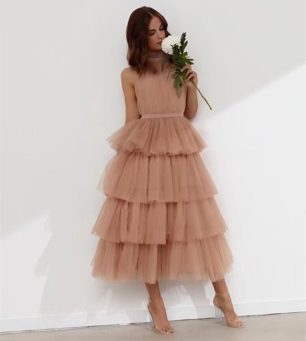 Blue Tulle Tea Length Backless Cocktail Party Dress 2023