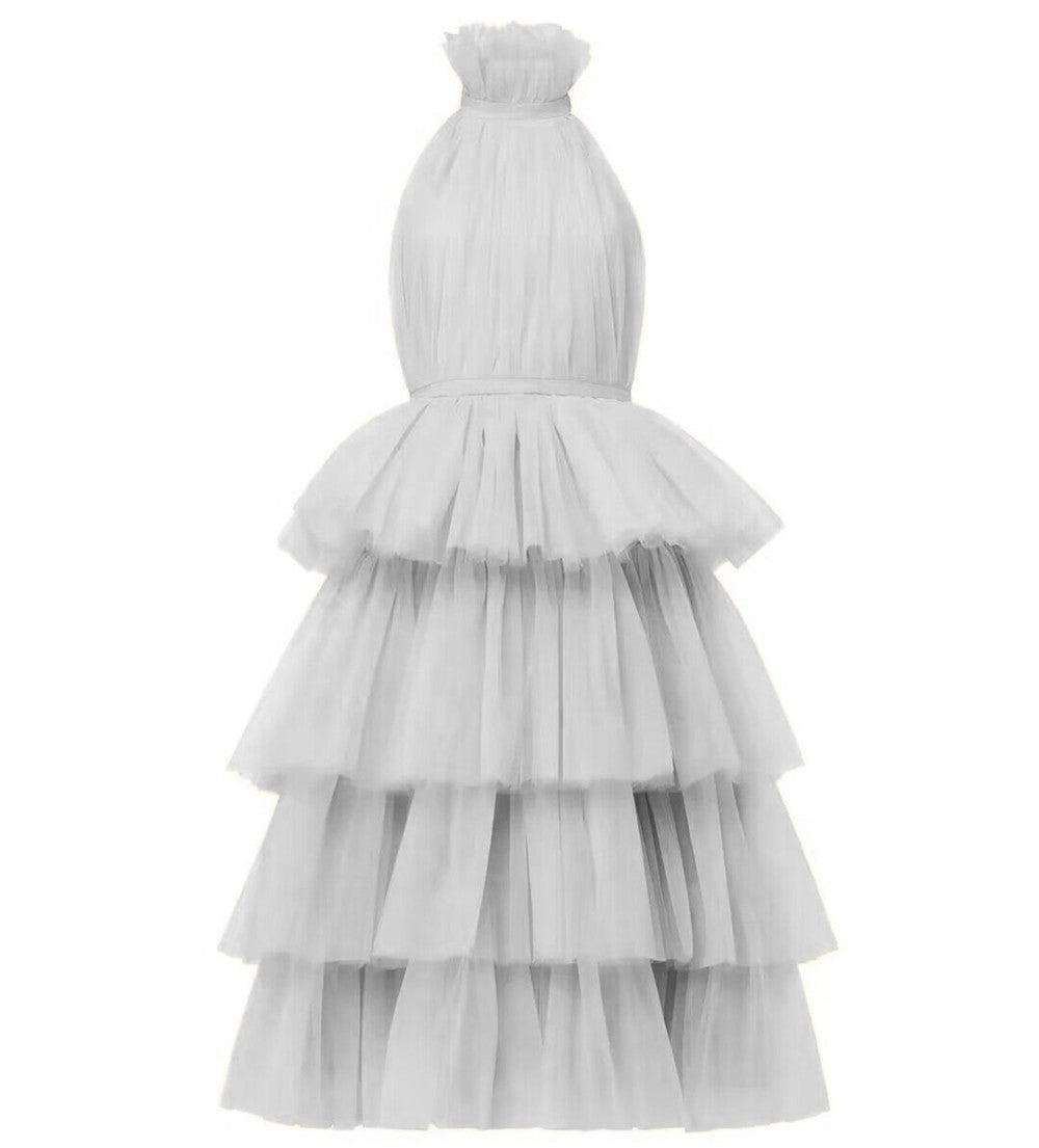 Blue Tulle Tea Length Backless Cocktail Party Dress 2023