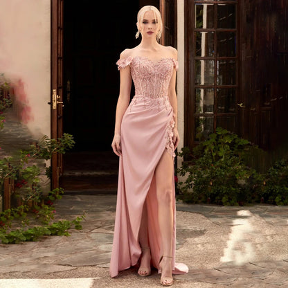 Side Leg Slit Off the Shoulder Long Floral Lace & Satin Cocktail Dress