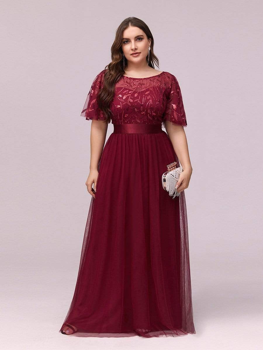 New Plus Size Sparkle Evening Dresses Long A-Line O-Neck Short Sleeve LONG Formal Dresses
