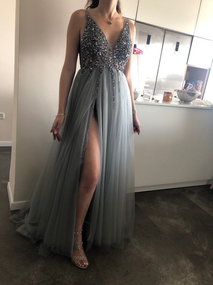 Beading V Neck Light Gray High Split Tulle Sweep Train Sleeveless A-Line Backless Evening Dress