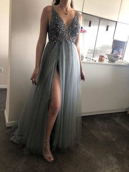 Beading V Neck Light Gray High Split Tulle Sweep Train Sleeveless A-Line Backless Evening Dress