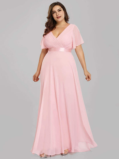 New Women Plus Size Evening Dresses, Long Elegant A Line V Neck Ruffles Chiffon Formal Wedding Party Dress