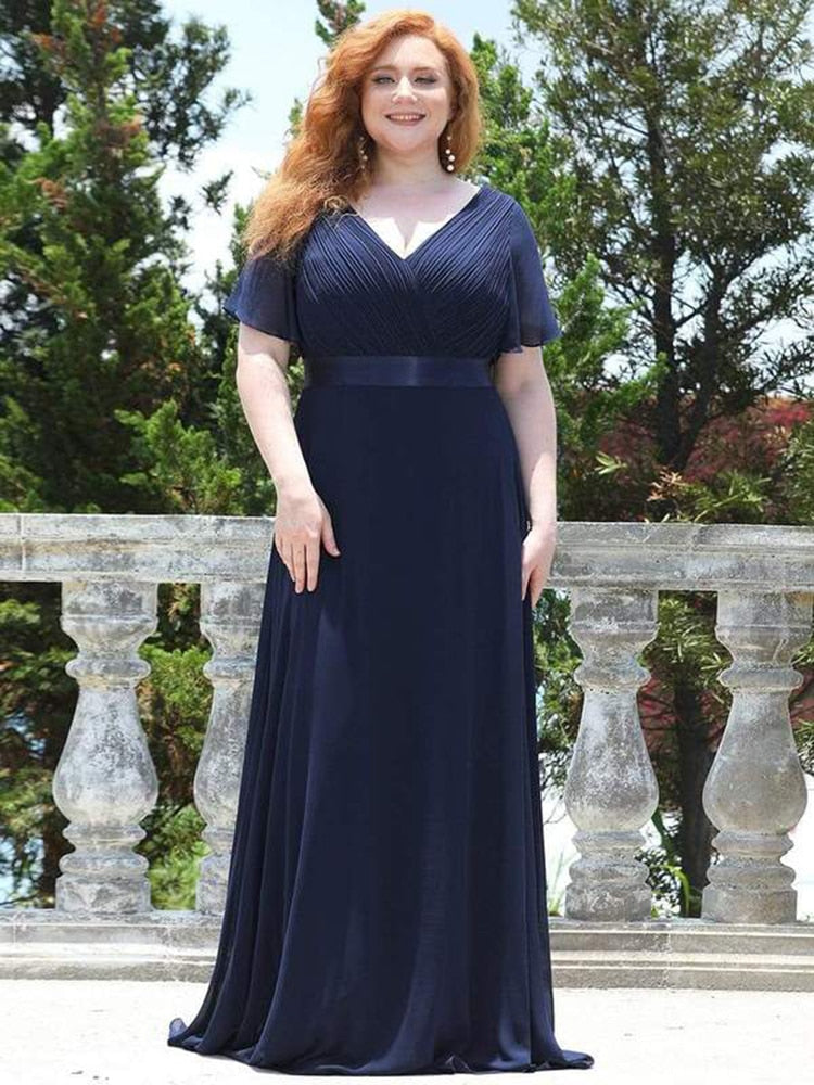 New Women Plus Size Evening Dresses, Long Elegant A Line V Neck Ruffles Chiffon Formal Wedding Party Dress