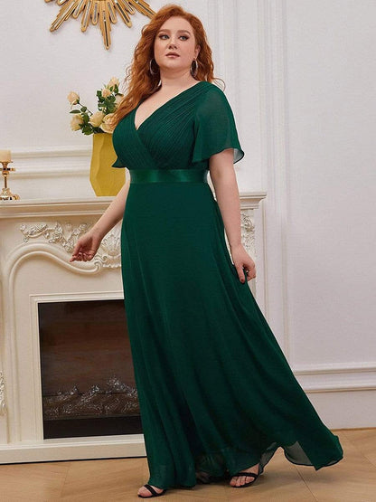 New Women Plus Size Evening Dresses, Long Elegant A Line V Neck Ruffles Chiffon Formal Wedding Party Dress