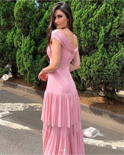 Pink Cap Sleeves Long Bridesmaid Dresses For Wedding Party Gowns Chiffon Tiered Saudi Arabic Women Prom Dress