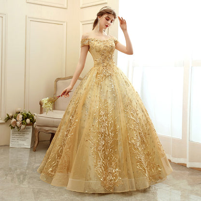 Gold Quinceanera Dresses Ball Gown Sparkly Sequined Burgundy Lace Applique Beaded Party Gown Graduation Dress