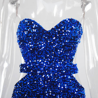 Royal Blue Split Sparkles Stretch Sequin Strapless Floor Length Padded Backless Evening Party Dress