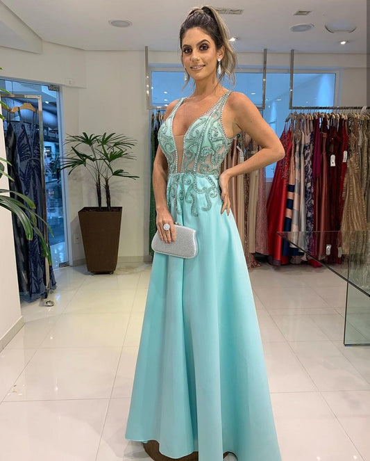Evening Dress Mint Green Crystal Beaded Spaghetti Strap A Line Satin Backless Sleeveless Gown