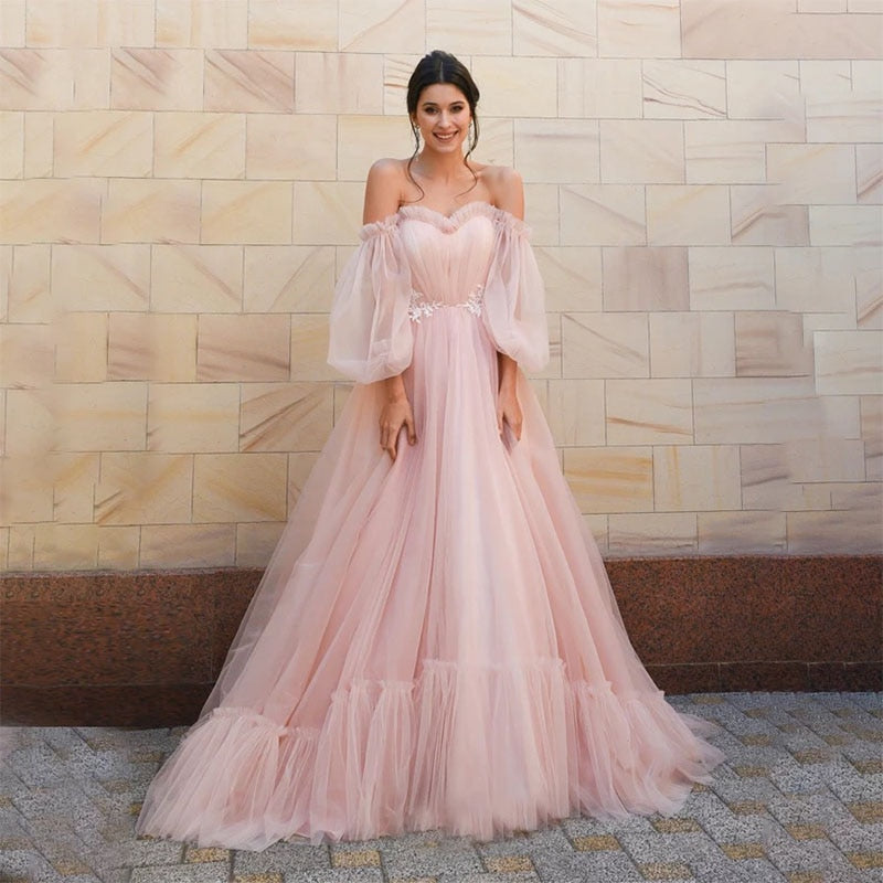 Puff Sleeves Off The Shoulder Pink Prom Dresses Appliques Tulle Evening Gowns