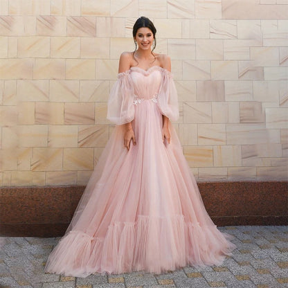 Puff Sleeves Off The Shoulder Pink Prom Dresses Appliques Tulle Evening Gowns