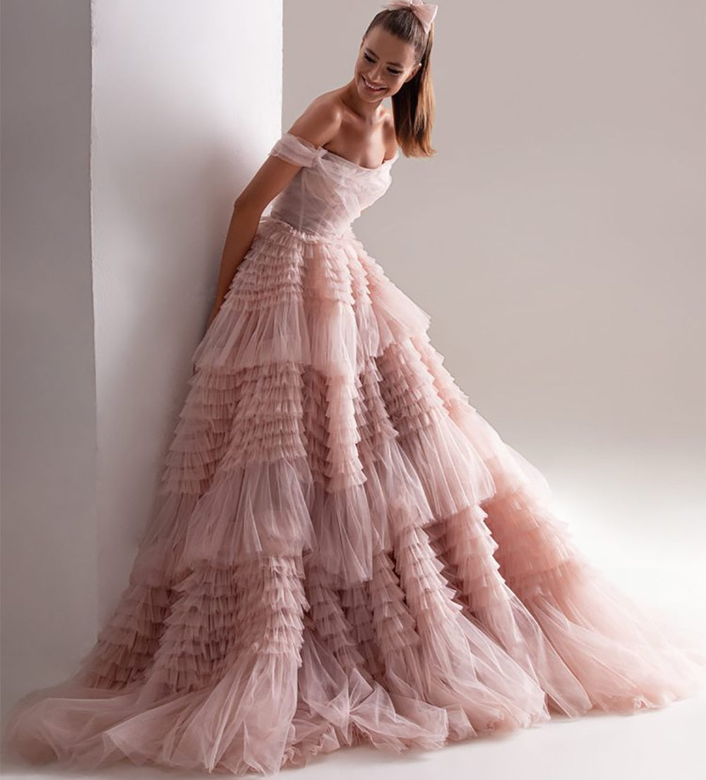 Prom Long Dresses Dusty Pink Sweetheart Ruffled Tulle Tiered A-Line Party Dress
