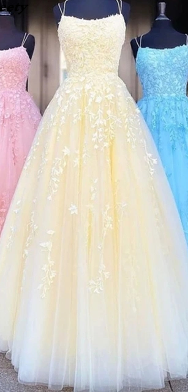 Princess Spaghetti Straps A Line Appliques Tulle Lace up Pink Prom Dresses 2023