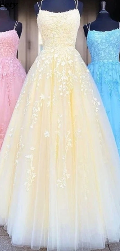 Princess Spaghetti Straps A Line Appliques Tulle Lace up Pink Prom Dresses 2023