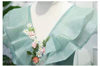 Green Quinceanera Dress, Elegant V-neck Party Prom Ball Gown, Plus Size Floral Print Quinceanera Dresses