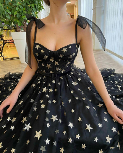 Shining Gold Star Ankle Length A Line Prom Dress