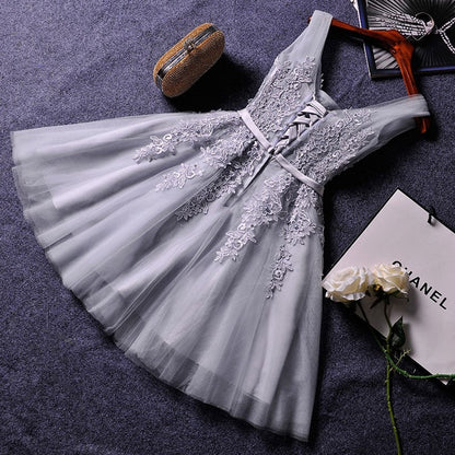 Prom Dress Short V Neck Appliques Beading Lace Up Knee-Length Dress