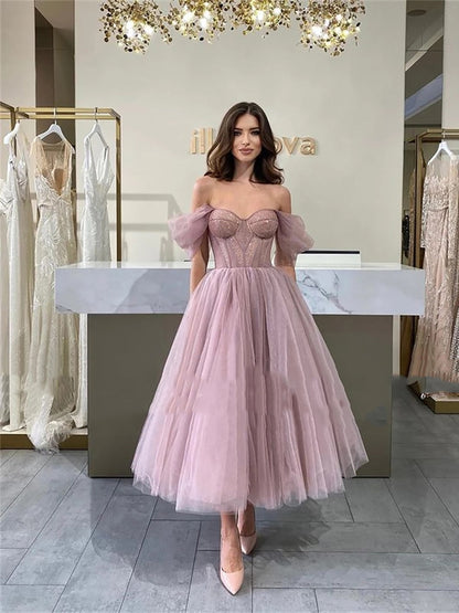 Simple Tulle Off The Shoulder Formal Party Gowns Fitted Bones Women Saudi Arabia Homecoming  Dress