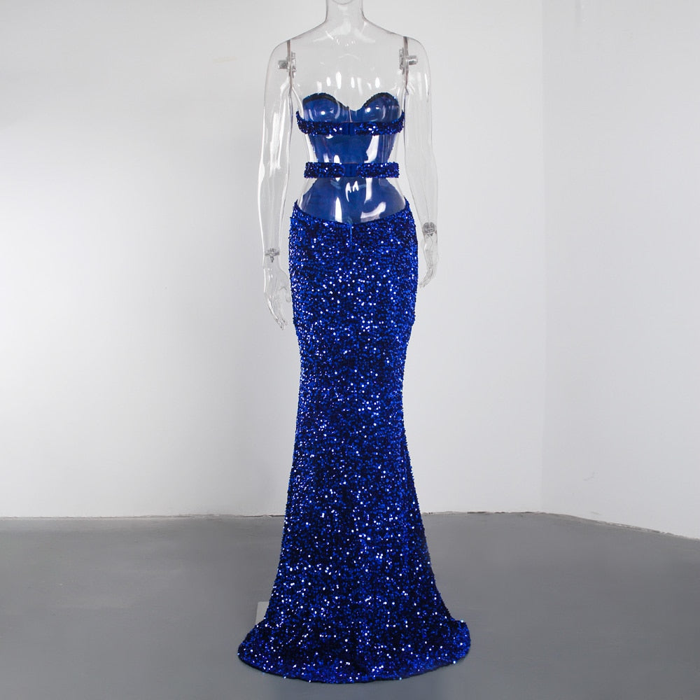 Royal Blue Split Sparkles Stretch Sequin Strapless Floor Length Padded Backless Evening Party Dress