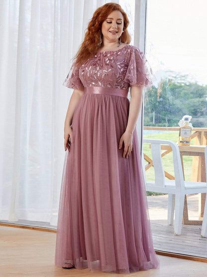 New Plus Size Sparkle Evening Dresses Long A-Line O-Neck Short Sleeve LONG Formal Dresses