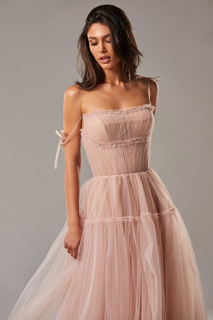 Pink/Blue Spaghetti Straps Tiered Skirt A-Line Party Dresses Pleated Tulle Formal Evening Gowns
