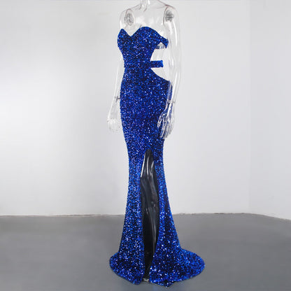 Royal Blue Split Sparkles Stretch Sequin Strapless Floor Length Padded Backless Evening Party Dress
