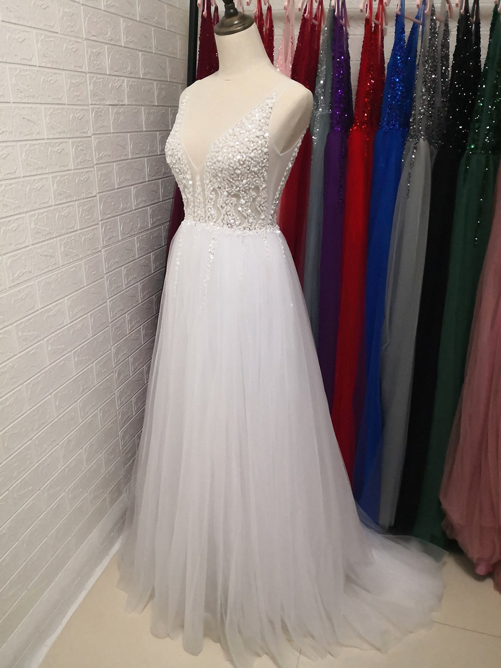 Beading V Neck Light Gray High Split Tulle Sweep Train Sleeveless A-Line Backless Evening Dress