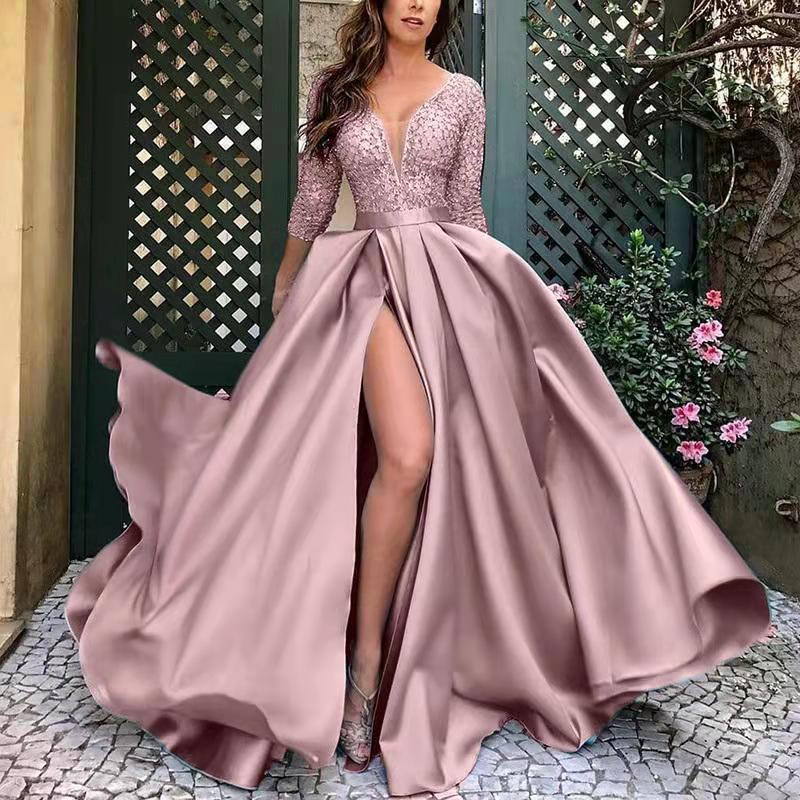 V-neck Split Fork Evening Long A-line Formal Gowns