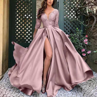 V-neck Split Fork Evening Long A-line Formal Gowns