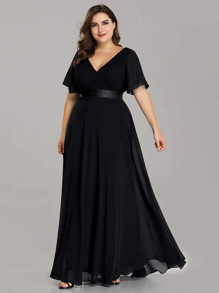 New Women Plus Size Evening Dresses, Long Elegant A Line V Neck Ruffles Chiffon Formal Wedding Party Dress