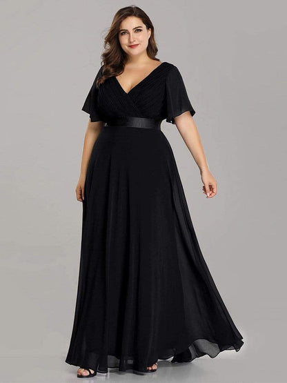 New Women Plus Size Evening Dresses, Long Elegant A Line V Neck Ruffles Chiffon Formal Wedding Party Dress