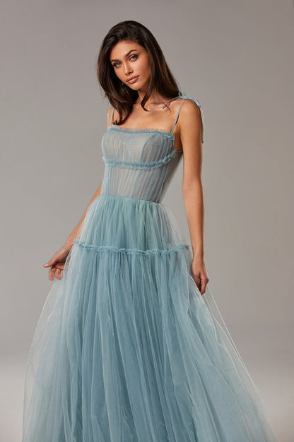 Pink/Blue Spaghetti Straps Tiered Skirt A-Line Party Dresses Pleated Tulle Formal Evening Gowns