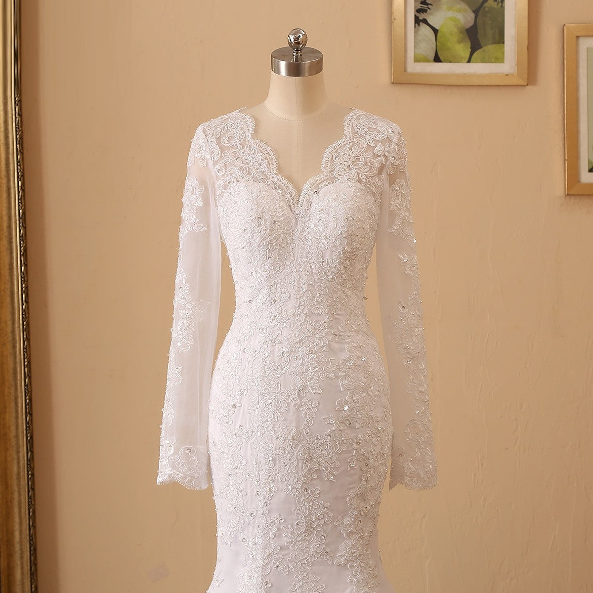 Mermaid Wedding Dresses V Neck Long Sleeves Beading Lace Wedding Gown 100% Real Picture