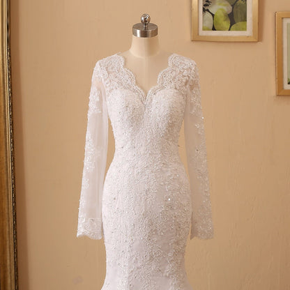 Mermaid Wedding Dresses V Neck Long Sleeves Beading Lace Wedding Gown 100% Real Picture