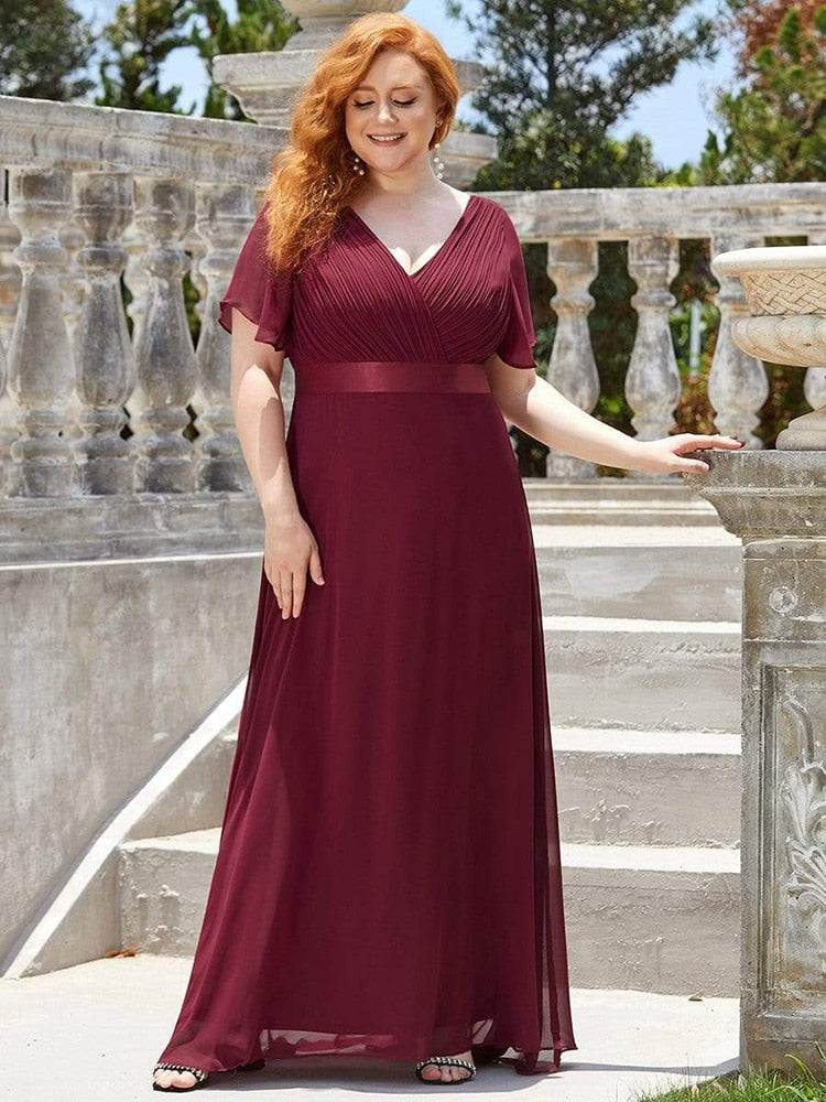 New Women Plus Size Evening Dresses, Long Elegant A Line V Neck Ruffles Chiffon Formal Wedding Party Dress